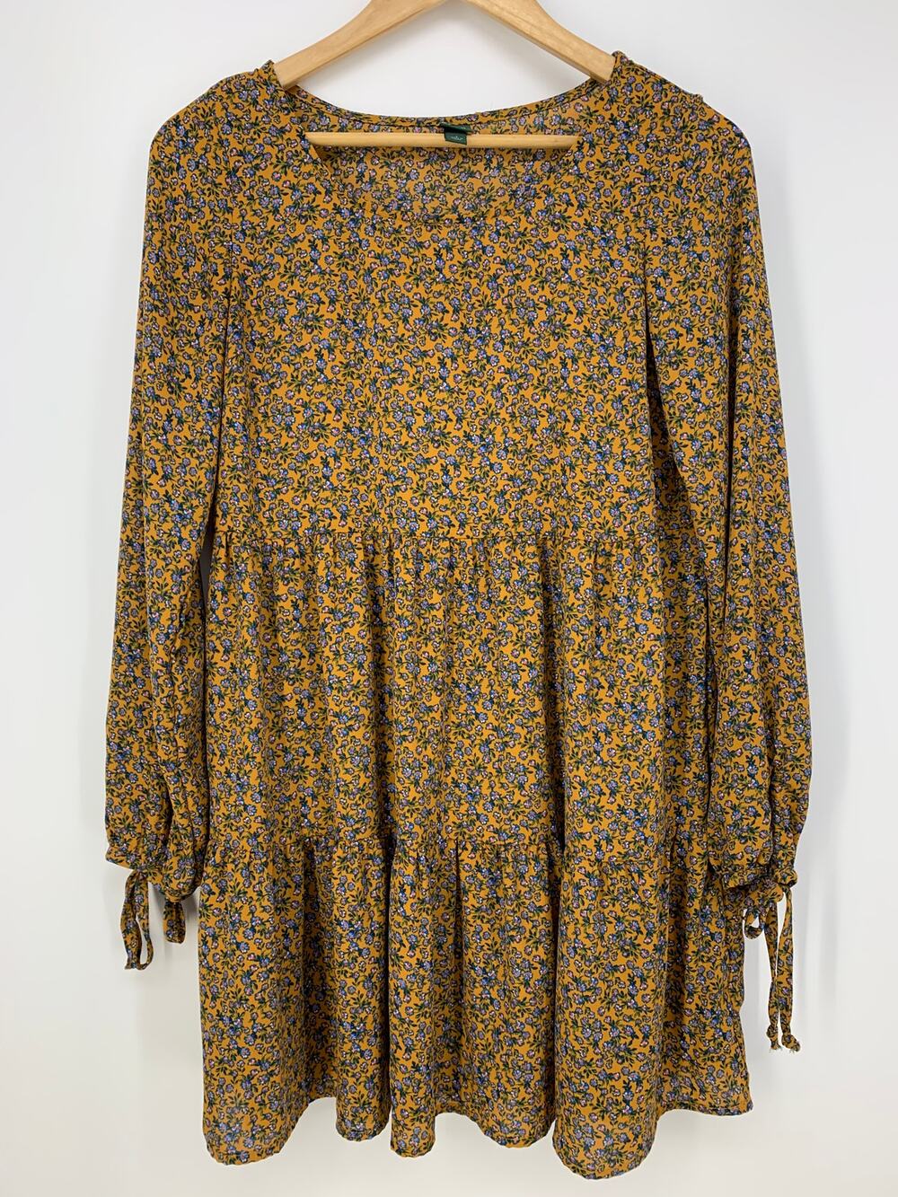 Wild Fable Burnt Orange Floral Boho Long Tie Sleeve Tiered Mini Tunic Dress Sz S